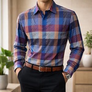 Robert Graham Mens 2XL Abstract Plaid Button Down Shirt Blue Multi 100% Cotton